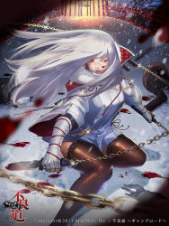 10s 1girl 2013 blood chain dated fingerless_gloves furyou_michi_~gang_road~ gloves knife long_hair original parted_lips red_eyes silver_hair snow snowing solo_focus thighhighs ukero