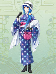 Rule 34 | 1girl, black boots, black gloves, blue hair, boots, dairoku ryouhei, full body, gloves, green background, high heel boots, high heels, japanese clothes, kimono, kinchaku, knee boots, lace-up boots, long hair, obi, polka dot, polka dot kimono, pouch, sash, smile, solo, stella evans, white headwear, yamaneko514, yellow eyes, yukata