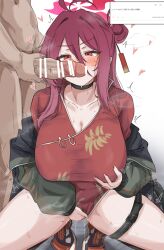1boy 1girl absurdres antenna_hair bar_censor black_choker blue_archive blush bow breasts censored check_translation china_dress chinese_clothes choker clothed_female_nude_male commentary_request dress erection female_masturbation female_pubic_hair fingering grabbing_own_breast green_jacket hair_between_eyes hair_bow halo hetero highres huge_breasts jacket jacket_partially_removed long_hair long_sleeves looking_at_penis machismo_fuji masturbation mole mole_under_eye nude off_shoulder penis penis_on_face pubic_hair pussy_juice red_dress red_eyes red_hair red_halo reijo_(blue_archive) request_inset smelling smelling_penis solo_focus spread_legs squatting steaming_body sweat thigh_strap translation_request