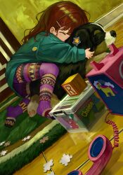 1girl absurdres animal animal_hug antique_phone aqua_shirt bernese_mountain_dog blue_pantyhose brown_hair child closed_eyes commentary_request dog freckles full_body hair_ornament hairclip highres indoors long_sleeves medium_hair multicolored_pantyhose no_shoes original pantyhose phone purple_pantyhose puzzle_piece red_pantyhose rotary_phone rug sero3eta shirt solo sticker toy toy_block