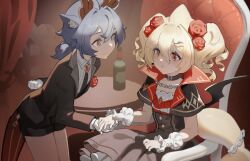 1boy 1girl animal_ears antlers arm_behind_back bat_wings belt_collar bilibili_581334 black_dress blonde_hair blush bottle chain chinese_commentary collar commentary_request commission curly_hair deer_ears dress fins fish_tail flower frilled_dress frills gem gloves hair_between_eyes hair_flower hair_ornament hairclip heterochromia highres holding_hands horns indie_virtual_youtuber kaofish leaning_forward long_bangs long_sleeves looking_at_another lutou on_chair open_mouth red_eyes red_flower red_rose rose second-party_source shark_tail shirt shorts sitting standing tail tailcoat waiter white_gloves white_shirt wine_bottle wings wrist_cuffs yellow_eyes