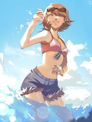 1girl bare_arms bikini bikini_top_only blue_shorts blue_sky breasts brown_hair closed_eyes cloud cloudy_sky commentary denim denim_shorts earrings eyewear_on_head facing_viewer feet_out_of_frame flipped_hair frayed_shorts front-tie_bikini_top front-tie_top frosty_neo1 highres jewelry navel official_alternate_costume outdoors parted_lips partially_submerged persona persona_3 pink_bikini short_hair short_shorts shorts sky small_breasts solo stomach stud_earrings sunglasses swimsuit takeba_yukari water