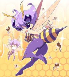 1girl abdomen_tail arthropod_girl ass bee bee_girl bee_wings black_eyes blush_stickers breasts bug capcom darkstalkers fur_collar fur_cuffs holding holding_knife holding_polearm holding_weapon honey honeycomb_(pattern) honeycomb_background insect insect_girl insect_wings knife large_breasts leotard looking_at_viewer no_pupils nollety pantyhose polearm purple_hair purple_pantyhose q-bee stinger trident weapon wings