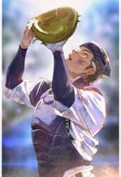 Rule 34 | 1boy, ace of diamond, baseball, baseball glove, baseball helmet, baseball uniform, blurry, blurry background, from side, goggles, green hair, helmet, highres, long sleeves, looking up, male focus, miyuki kazuya, open mouth, sato (sato 1 11), short hair, solo, sportswear, teeth, upper teeth only, yellow eyes