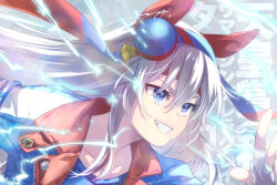 1girl animal_ears blue_eyes blue_hairband blue_jacket blue_shirt collarbone ech electricity fingerless_gloves floating_hair gloves grey_hair grin hair_between_eyes hairband headband horse_ears jacket long_hair open_clothes open_jacket red_headband running shirt smile solo tamamo_cross_(umamusume) text_background translation_request umamusume upper_body v-shaped_eyebrows very_long_hair white_gloves