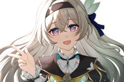 1girl black_hairband black_ribbon blue_eyes blue_pupils collar commentary firefly_(honkai:_star_rail) frilled_collar frills gradient_hair hair_between_eyes hair_ribbon hairband hh_long highres honkai:_star_rail honkai_(series) long_hair looking_at_viewer multicolored_eyes multicolored_hair open_mouth portrait purple_eyes ribbon simple_background smile solo two-tone_eyes w white_background white_hair