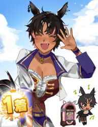 Rule 34 | 1girl, ^ ^, animal ears, black hair, bodice, bon (vtuber), breasts, chibi, chibi inset, choripan, cleavage, closed eyes, collar, commentary, cropped jacket, dark-skinned female, dark skin, ear piercing, english commentary, fang, hand up, horse ears, horse girl, horse tail, indie virtual youtuber, jukebox, large breasts, multicolored hair, multiple views, musical note, navel, open mouth, piercing, pink hair, short hair, smile, spiked ear piercing, stomach, tail, two-tone hair, umamusume, virtual youtuber