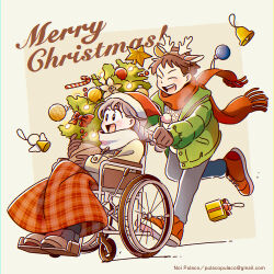 Rule 34 | 1boy, 1girl, :d, bell, blush, box, braid, brown background, brown coat, brown eyes, brown gloves, brown hair, brown shoes, candy, candy cane, closed eyes, coat, commentary, fake antlers, food, gift, gift box, gloves, green coat, grey pants, hat, highres, holding christmas tree, long hair, long sleeves, merry christmas, noi pulaco, open clothes, open coat, open mouth, original, pants, red hat, red scarf, red shoes, running, santa hat, scarf, shoes, short hair, single braid, smile, watermark, wheelchair, white scarf