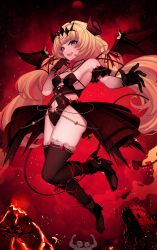 1girl absurdres akagi_(sk0127aho) bare_shoulders black_boots black_dress black_gloves black_horns black_ribbon black_tail black_thighhighs black_wings blonde_hair boots bow bracelet breasts castle chain clothing_cutout commentary crescent_ornament demon_horns demon_tail demon_wings diamond_(shape) dress english_commentary flag floral_print flower full_body gloves gold_bracelet gold_necklace hair_ornament halterneck heterochromia high_heels highres horns jewelry jinja_(vtuber) lava lightmotif long_hair looking_at_viewer medium_breasts moon multicolored_hair navel navel_cutout necklace o-ring open_mouth piercing red_background red_bow red_eyes red_moon red_streaks ribbon sideboob sleeveless sleeveless_dress smile solo_focus spider_lily streaked_hair tail tail_bow tail_ornament teeth thighhighs twirling_hair uneven_bangs upper_teeth_only very_long_hair virtual_youtuber volcano wing_piercing wings yellow_eyes