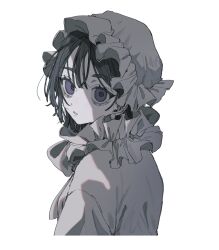 1girl alien_stage black_hair collar dress earrings frilled_collar frills hair_between_eyes hat highres jewelry looking_at_viewer mob_cap purple_eyes saku050524 short_hair simple_background solo sua_(alien_stage) upper_body white_background white_dress