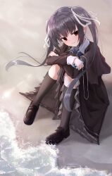 1girl absurdres beach black_hair black_shoes black_socks blue_bow blue_bowtie blush bow bowtie brown_capelet brown_dress capelet closed_mouth collared_shirt commentary day digital_media_player dress earphones floating_hair frilled_dress frills from_above full_body hair_ribbon highres holding_digital_media_player honma_misuzu hugging_own_legs kneehighs knees_together_feet_apart knees_up loafers long_hair long_sleeves looking_at_viewer ocean outdoors red_eyes ribbon sakura_no_toki sakura_no_uta school_uniform shirt shoes sitting smile socks solo takoyaki032002 twintails very_long_hair white_ribbon white_shirt