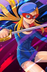 Rule 34 | 1girl, absurdres, artist name, beret, black cape, blonde hair, blue hat, blue leotard, breasts, cape, cleavage, closed mouth, commentary, covered navel, eye mask, hat, highres, holding, holding sword, holding weapon, la seine no hoshi, leotard, long hair, looking at viewer, miz mus, rapier, sidelocks, simone (la seine no hoshi), skin tight, small breasts, solo, sparkle, sword, thighs, twitter username, weapon