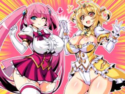 amagi_nao arty_flare blonde_hair blue_eyes bow bowtie breasts cleavage corset elbow_gloves frills gloves hair_ribbon hand_to_hand hands_up hata_(transistor_baby) heart highleg highres impossible_clothes impossible_shirt layered_skirt magical_girl one_eye_closed original pink_hair pleated_skirt red_bow red_eyes ribbon shirt short_hair shrug_(clothing) skirt thighhighs ts_magical_girl_nao twintails two_side_up white_gloves white_thighhighs yellow_bow
