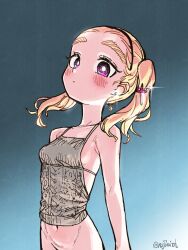 1girl blonde_hair blue_background blush bottomless breasts eisu_(eith) forehead gradient_background harsha_(eisu) highres naked_vest navel original purple_eyes small_breasts sweater_vest thick_eyebrows twintails vest