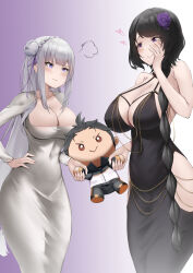 1boy 2girls absurdres annoyed backless_dress backless_outfit black_dress black_hair blush braid breasts chain cleavage cocktail_dress collarbone commission commissioner_upload covered_navel crown_braid dongtan_dress dress elf elsa_granhilte emilia_(re:zero) flower gold_chain gradient_background grey_dress grey_hair hair_flower hair_ornament hair_ribbon hand_on_own_hip heart highres hip_vent holding holding_stuffed_toy irkawaza jacket knee_up large_breasts long_hair long_sleeves mature_female meme_attire modakawa_dress mole mole_under_eye multiple_girls natsuki_subaru non-web_source open_mouth pointy_ears pout pulling purple_eyes purple_ribbon re:zero_kara_hajimeru_isekai_seikatsu ribbon rose scoop_neck short_hair smile staring stuffed_toy taut_clothes taut_dress tight_clothes track_jacket track_suit white_flower white_hair white_rose