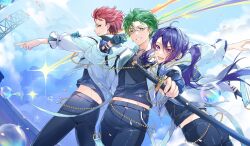 3boys :d ahoge akatsuki_(ensemble_stars!) arched_back black_gloves black_pants black_shirt blue_sky bubble chain closed_mouth cloud cowboy_shot curtained_hair double-parted_bangs earrings ensemble_stars! falling_petals floating_hair foreshortening frilled_sleeves frills glasses gloves gold_chain green_eyes green_hair grey-framed_eyewear grin hair_between_eyes hair_intakes hasumi_keito highres holding holding_sword holding_weapon idol jacket jewelry kanzaki_souma katana kiryu_kuro long_hair looking_at_viewer male_focus midriff_peek motoyui multiple_boys multiple_earrings nancy980216 official_alternate_costume open_mouth outstretched_arm pants parted_bangs petals pointing ponytail profile purple_eyes purple_hair reaching reaching_towards_viewer red_hair sheath sheathed shirt shooting_star short_hair sidelocks sky smile sparkle spiked_hair stage sword three-quarter_sleeves tight_clothes tight_pants v-shaped_eyebrows weapon white_jacket