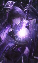 0ishur 1girl arm_up armor asymmetrical_sleeves blunt_bangs braid breasts bridal_gauntlets cleavage closed_mouth clothing_cutout electricity floating genshin_impact glowing gradient_background gradient_hair hair_ornament hashtag-only_commentary head_tilt highres holding holding_sword holding_weapon human_scabbard japanese_clothes katana kimono large_breasts long_braid long_hair mitsudomoe_(shape) mole mole_under_eye multicolored_hair musou_isshin_(genshin_impact) neck_ribbon no_pupils off_shoulder panties pink_lips purple_background purple_eyes purple_hair purple_kimono raiden_shogun red_ribbon red_sash ribbon sash shoulder_armor shoulder_cutout simple_background single_braid solo sword thick_lips thighs tomoe_(symbol) underwear uneven_sleeves weapon wide_sleeves