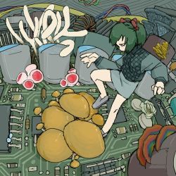 1girl absurdres computer computer_chip fungus green_hair highres mushroom pale_skin pantsu-ripper skirt sweater_vest tagme