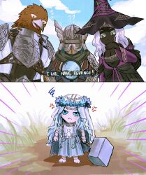 2boys 2girls alternate_skin_color armor bird_boy black_skin colored_eyelashes colored_skin dark-skinned_female dark_skin elden_ring elden_ring_nightreign gloves guardian_(elden_ring) hat hat_over_eyes hat_over_one_eye helmet highres large_hat multiple_boys multiple_girls purple_hat purple_sleeves rashuu recluse_(elden_ring) revenant_(elden_ring) very_dark_skin white_eyelashes winged_helmet witch witch_hat wooden_staff wylder_(elden_ring)