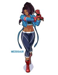1girl artist_name black_choker bleach boots boxing_gloves breasts cammy_white cammy_white_(cosplay) choker closed_mouth collarbone cosplay crop_top cropped_jacket dark-skinned_female dark_skin large_breasts long_hair looking_at_viewer meziosaur navel pants red_boots shihouin_yoruichi solo standing street_fighter street_fighter_6 stretching tight_clothes tight_pants very_long_hair white_background