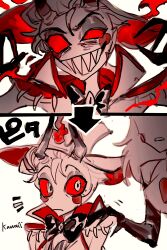 1boy 1girl blush_stickers charlie_morningstar colored_sclera demon demon_boy evil_grin evil_smile formal_clothes grin hazbin_hotel highres long_hair looking_at_viewer oo6 red_sclera sharp_teeth smile spot_color suit teeth white_headwear