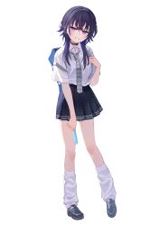1girl absurdres bag black_choker black_hair black_shoes black_skirt choker crossed_bangs earrings food full_body grey_necktie hair_between_eyes highres holding holding_food holding_popsicle ichinose_uruha ichinose_uruha_(6th_costume) jewelry loafers long_hair loose_socks lupinus_virtual_games miniskirt multicolored_hair necktie pleated_skirt popsicle purple_eyes school_bag school_uniform shirt_tucked_in shoes short_sleeves shumpi simple_background skirt socks solo standing streaked_hair virtual_youtuber vspo! white_background white_socks wolf_cut