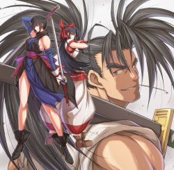 Rule 34 | 1990s (style), 1boy, 2girls, ainu clothes, bare shoulders, bird, black hair, bow, breasts, detached sleeves, elbow gloves, fingerless gloves, gloves, hair bow, hairband, haoumaru, hawk, heterochromia, highres, holding, itouei, japanese clothes, large breasts, long hair, mamahaha, medium breasts, multiple girls, nail polish, nakoruru, ninja, red bow, red eyes, retro artstyle, reverse grip, samurai spirits, shiki (samurai spirits), short hair, sideboob, snk, sword, tattoo, weapon