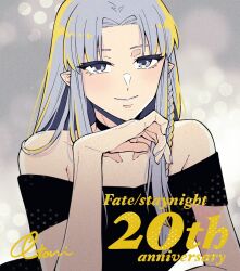 1girl anniversary black_choker black_dress braid choker dress fate/stay_night fate_(series) grey_background grey_eyes grey_hair highres long_hair looking_at_viewer medea_(caster)_(fate) medea_(fate) nakatani_(naka6130) off_shoulder official_art pointy_ears side_braid smile solo