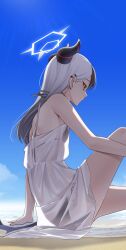 1girl absurdres alternate_costume beach bikini black_bikini black_horns blue_archive demon_horns demon_wings earclip from_side grey_halo halo highres horns kayoko_(blue_archive) looking_to_the_side multicolored_hair piercing revebw see-through_clothes side-tie_bikini_bottom single_wing solo string_bikini swimsuit two-tone_hair wings