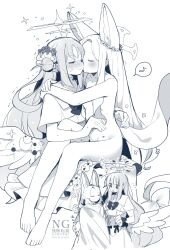 2girls animal_ears barefoot blue_archive blush breasts closed_mouth clothed_female_nude_female completely_nude dress greyscale halo hickey highres kiss kissing_cheek long_hair low_twintails low_wings mika_(blue_archive) monochrome multiple_girls musical_note nude seia_(blue_archive) simple_background sitting sitting_on_lap sitting_on_person small_breasts spoken_musical_note tail toes trembling twintails white_background wings yun_(dust-i1) yuri