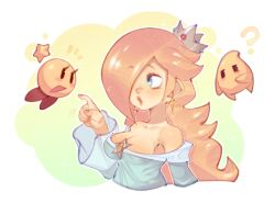 1girl alternate_breast_size aqua_dress bare_shoulders blonde_hair blue_eyes breasts brooch cleavage crown dress earrings hair_over_one_eye highres jewelry long_hair long_sleeves luma_(mario) mario_(series) mini_crown nintendo off-shoulder_dress off_shoulder onimiere rosalina star_(symbol) star_brooch star_earrings starlow