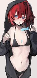 1girl :o absurdres akechi_(akechi_5416) alternate_costume ange_katrina bikini black_bikini blue_eyes blush breasts collarbone commentary_request cowboy_shot food food_on_body grey_background grey_jumpsuit groin hair_between_eyes hair_ornament hairclip hands_up highres holding holding_food holding_popsicle hood hood_up jumpsuit long_bangs long_sleeves looking_at_viewer medium_hair melting_popsicle navel nijisanji onesie open_jumpsuit open_mouth popsicle red_hair ribs simple_background single_hair_intake small_breasts solo stomach sweat swimsuit virtual_youtuber