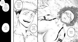 Rule 34 | 1boy, 1girl, absurdres, after rape, aftersex, breast tattoo, breasts, censored, censored nipples, commentary, drooling, empty eyes, english commentary, english text, facial tattoo, high contrast, highres, huge breasts, itadori yuuji, jujutsu kaisen, kugisaki nobara, left-to-right manga, lying, nesz r, on back, ringed eyes, ryoumen sukuna (jujutsu kaisen), short hair, speech bubble, tattoo