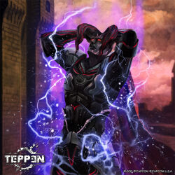 armor blue_electricity capcom cape castle cloud colored_skin dark-skinned_male dark_skin demon demon_boy demon_horns devil_may_cry_(series) electricity energy glowing glowing_eyes grey_skin hands_behind_own_head horns looking_up monster monster_boy nelo_angelo no_pupils official_art open_mouth osanai_yusuke overcast red_eyes sky sparks teeth teppen very_dark_skin