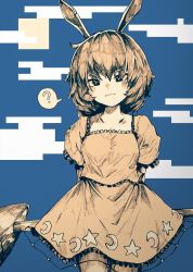 1girl ? animal_ears arms_behind_back blue_background cloud commentary_request cowboy_shot crescent dress earclip female_focus frilled_dress frilled_sleeves frills hakurohokuto highres holding kine limited_palette long_hair looking_at_viewer mallet moon rabbit_ears seiran_(touhou) short_dress short_sleeves solo spoken_question_mark star_(symbol) touhou