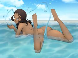 1girl ass avatar:_the_last_airbender avatar_legends back barefoot blue_eyes breasts brown_hair butt_crack closed_mouth cloud completely_nude convenient_censoring covering_crotch covering_privates dark-skinned_female dark_skin day deviantart_username feet feet_up from_behind full_body huge_ass katara lalox large_breasts looking_at_viewer looking_back lying naughty_face nickelodeon nude on_stomach outdoors pool sideboob sky smile spread_legs teasing the_pose thighs toes water_drop