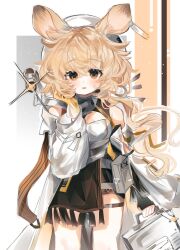 1girl absurdres animal_ears arknights bare_shoulders black_gloves blonde_hair chinese_commentary commentary_request cowboy_shot crossed_bangs dorothy_(arknights) fingerless_gloves gloves hair_between_eyes hat highres holding long_hair looking_at_viewer sketch smile solo standing white_hat yellow_eyes zhanghuaimin05516