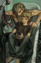 2boys absurdres baggy_pants barefoot bathroom bathtub black_nails black_pants black_shirt blood blood_splatter braid closed_eyes dio_brando father_and_son giorno_giovanna green_eyes green_theme highres in_bathtub jewangchobab jojo_no_kimyou_na_bouken long_hair looking_at_phone male_focus multiple_boys pants phone shirt topless_male victory_rolls wet wet_hair