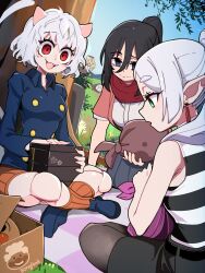 4girls absurdres bare_shoulders black_shirt bongfill character_request commentary copyright_request crossover elf frieren grass green_eyes grey_hair group_picture highres hunter_x_hunter long_hair mahou_shoujo_madoka_magica mikasa_ackerman multiple_girls neferpitou outdoors picnic pointy_ears red_eyes shingeki_no_kyojin shirt short_hair sousou_no_frieren symbol-only_commentary tomoe_mami