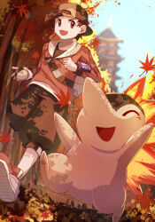 1boy ^_^ architecture asymmetrical_bangs autumn autumn_leaves backpack bag baggy_pants baseball_cap black_hat black_pants black_sleeve_cuffs black_tank_top brown_hair clenched_hand closed_eyes commentary_request cyndaquil day east_asian_architecture ethan_(pokemon) falling_leaves full_body gen_2_pokemon grey_eyes hair_through_headwear happy hat holding holding_poke_ball hood hood_down hoodie jacket leaf long_sleeves looking_at_another male_focus nintendo orange_jacket outdoors pants pimuppa poke_ball pokemon pokemon_(creature) pokemon_hgss red_footwear shoes short_hair sideways_hat sneakers tank_top tareme teeth thick_eyebrows tower v-shaped_eyebrows walking white_bag white_hoodie