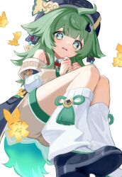 1girl ahoge animal_ears black_hat blunt_bangs bow bowtie collar detached_sleeves dianzi dress earrings fox_ears from_below green_dress green_hair hair_ornament hat highres honkai:_star_rail honkai_(series) huohuo_(honkai:_star_rail) jewelry light_blush loafers looking_at_viewer loose_socks multicolored_eyes nervous paper_doll parted_lips paw-shaped_pupils red_bow red_bowtie ro/ku shoes signature simple_background socks solo squatting symbol-shaped_pupils tassel tearing_up twitter_username white_background yin_yang_hair_ornament