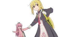 Rule 34 | &gt;:(, 2girls, arihara nanami, backpack, bag, bilibili 199163468, black capelet, black dress, black shirt, blonde hair, bocchi the rock!, buttons, capelet, closed mouth, collared shirt, cowboy shot, double-breasted, dress, frown, gloves, hair between eyes, hair ornament, highres, holding another&#039;s wrist, jacket, long hair, long sleeves, looking at viewer, mitsukasa ayase, multiple girls, necktie, open mouth, outstretched arm, parody, pink hair, pink jacket, ponytail, red eyes, red necktie, riddle joker, shaded face, shirt, sidelocks, simple background, split mouth, straight hair, style parody, tareme, track jacket, transparent background, upper body, v-shaped eyebrows, very long hair, white gloves, wing hair ornament