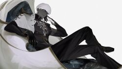 Rule 34 | 1boy, absurdres, black pants, black shirt, blue eyes, chair, colored skin, crossed legs, dark-skinned male, dark skin, fate/grand order, fate (series), hand on own face, highres, indra (fate), lightning bolt facial mark, long sleeves, looking at viewer, pants, shirt, short hair, sitting, smile, solo, white background, white hair, yrskni0
