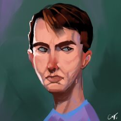 Rule 34 | 1boy, averting eyes, bags under eyes, brown hair, christian young, commentary, english commentary, facing viewer, highres, male focus, original, painterly, portrait, purple shirt, serious, shirt, short hair, sidelighting, solo
