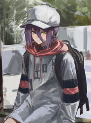 1girl absurdres backpack bag black_choker chainsaw_man choker deyo_(nicijyou) grey_jacket hair_between_eyes highres hood hoodie jacket looking_at_viewer medium_hair purple_hair red_hood reze_(chainsaw_man) solo swept_bangs yellow_eyes