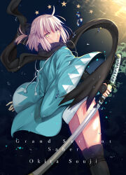 1girl absurdres arm_guards black_bow black_scarf black_thighhighs blonde_hair bow fate/grand_order fate_(series) green_kimono hair_between_eyes hair_bow haori highres holding holding_weapon iro_(sekaixiro) japanese_clothes katana kimono looking_at_viewer okita_souji_(fate) partially_underwater_shot samurai scarf shinsengumi short_hair short_kimono solo submerged sword thighhighs wading water_drop weapon wide_sleeves yellow_eyes
