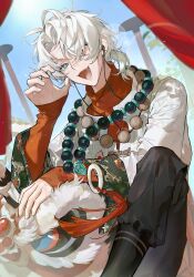 Rule 34 | 1boy, :d, bead necklace, beads, black pants, black socks, blue eyes, blue sky, claw pose, earphones, eyes visible through hair, fang, feet out of frame, fuyun (guilongchao), guilongchao, hair over one eye, hand up, highres, jacket, jewelry, knee up, lens flare, lion dance, male focus, necklace, open mouth, pants, ponytail, red shirt, shirt, short hair, short ponytail, sitting, sky, smile, socks, solo, white hair, white jacket, xie youqing