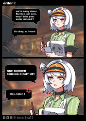 1boy 1girl absurdres anby_demara anby_demara_(operation_yum_2025) black_choker choker green_shirt grey_hair highres holding holding_pen leonartha03 looking_at_viewer official_alternate_costume open_mouth pen shirt short_hair wise_(zenless_zone_zero) yellow_eyes zenless_zone_zero