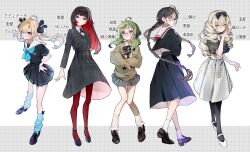5girls absurdres ahoge black_eyes black_hair black_pantyhose black_sailor_collar black_serafuku black_skirt blonde_hair blue_bow blue_eyes blush book bow braid closed_mouth collared_shirt commentary_request drill_hair enomoto_nao expressionless full_body glasses green_hair grey_eyes grey_hair hair_bow high-waist_skirt highres holding holding_book jacket loafers long_hair looking_at_viewer looking_to_the_side loose_socks low_twintails mary_janes miniskirt multicolored_hair multiple_girls ojou-sama_pose open_mouth original pantyhose parted_lips pink_eyes pleated_skirt profile red_eyes red_hair red_pantyhose round_eyewear sailor_collar school_uniform serafuku shirt shoes short_sleeves simple_background skirt socks standing sweater thigh_gap translation_request twin_braids twintails two-tone_hair very_long_hair white_background white_sailor_collar