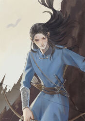 Rule 34 | 1boy, 2025, arrow (projectile), bird, black hair, blue eyes, blue tunic, bow, bow (weapon), bracer, braid, closed mouth, dated, eagle, fingon, floating hair, holding, holding bow (weapon), holding weapon, long hair, male focus, mountain, mountainous horizon, parted bangs, pointy ears, quiver, ringeril, sky, solo, sword, the silmarillion, tolkien&#039;s legendarium, tunic, weapon